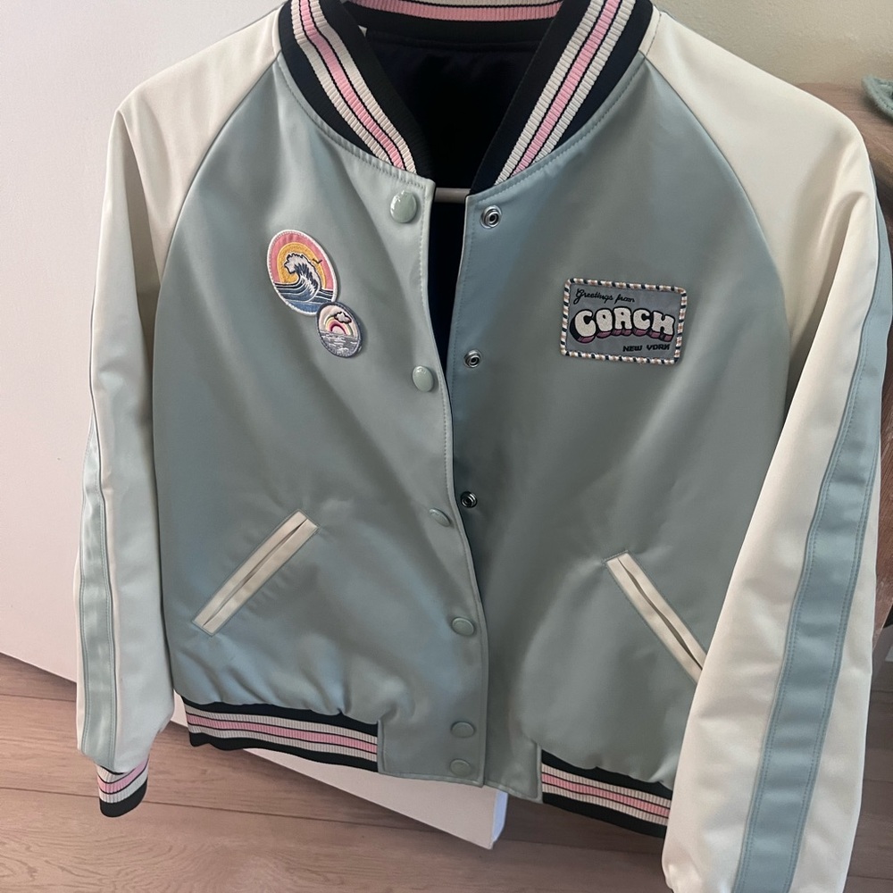 Coach Blue and White Varsity Jacket with Satin Finish